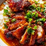 Karamellisiertes Soja-Hühnchen in Knoblauchbrühe mit Reis