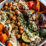 Schüssel mit geröstetem Gemüse und Kichererbsen mit Tahini-Dressing