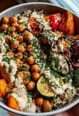 Schüssel mit geröstetem Gemüse und Kichererbsen mit Tahini-Dressing