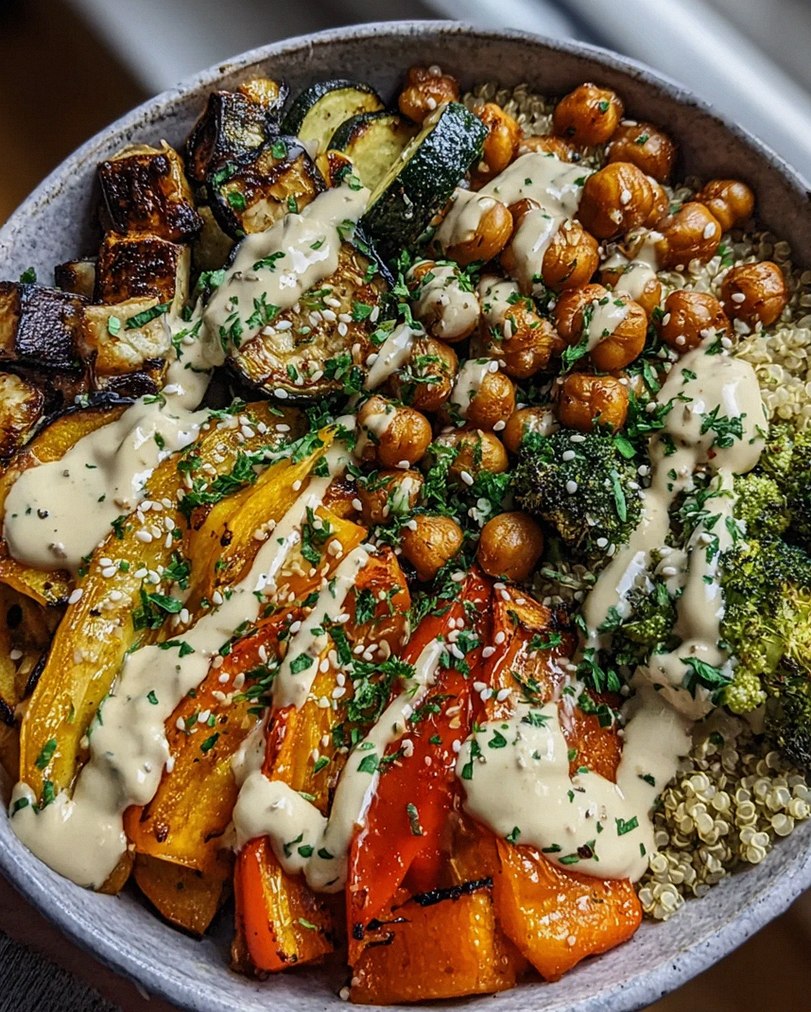 Schüssel mit geröstetem Gemüse und Kichererbsen mit Tahini-Dressing – Schritt 2