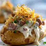 Steakgefüllte Ofenkartoffeln mit Parmesancreme und Zwiebeln