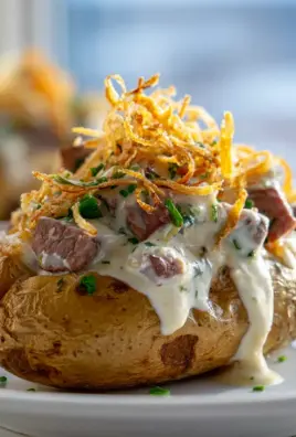 Steakgefüllte Ofenkartoffeln mit Parmesancreme und Zwiebeln
